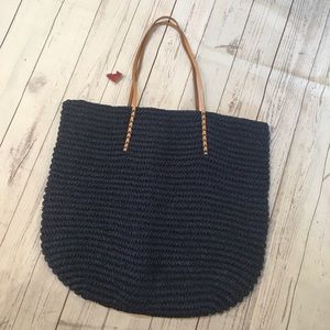 NWT MERONA Navy Blue Woven Straw Beach Bag Tote